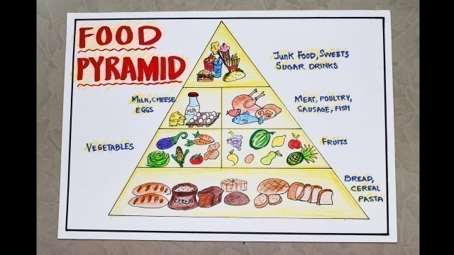 'Healthy food pyramid drawing for kids science school project art chart poster easy steps #14'